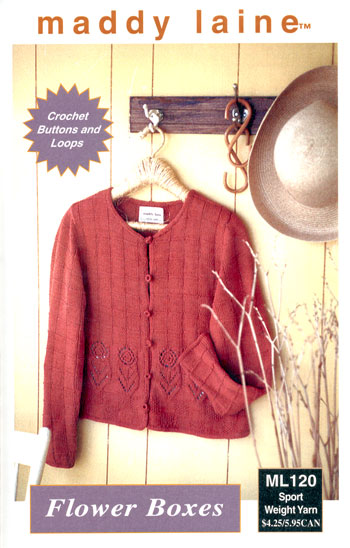 maddy laine Knitting Pattern | ML120 Flower Boxes - Women's cardigan with flower lace motif and crochet buttons to knit in sport weight yarn.